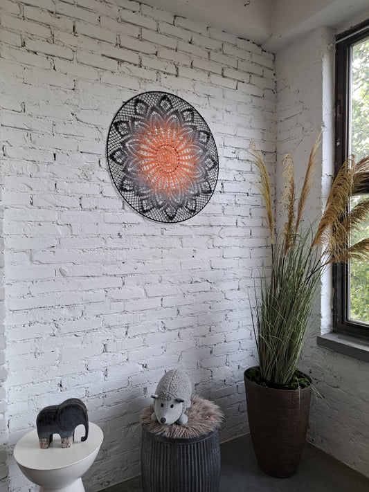 Nagyméretű horgolt mandala, narancssárga-fekete